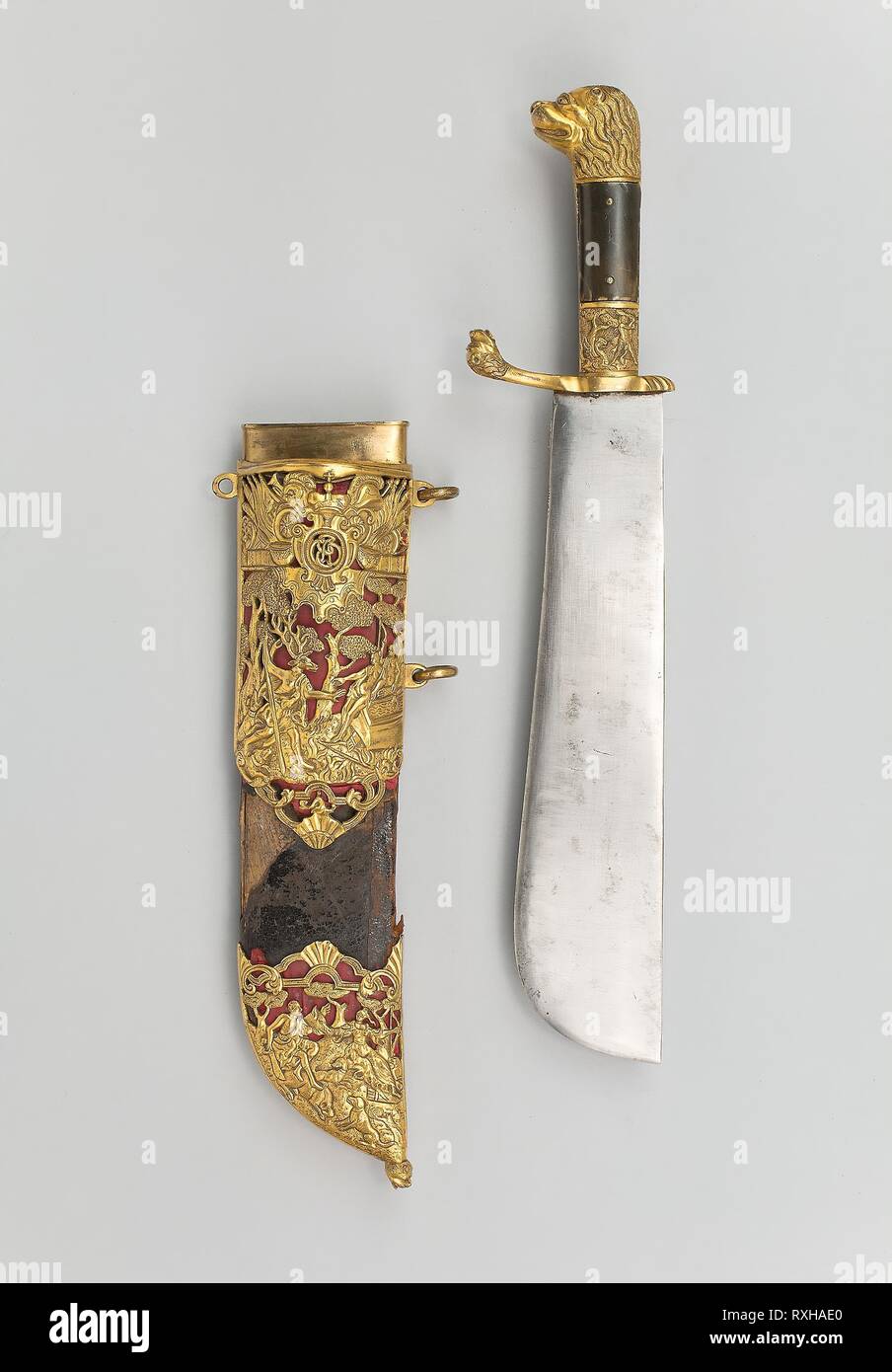Hunting Cleaver (Waidpraxe) of Ernst August II Konstantin, Duke of Saxe-Weimar-Eisenach. German. Date: 1755-1758. Dimensions: Cleaver: Overall L. 36.2 cm (14 1/4 in.)   Blade L. 25 cm (9 7/8 in.)   Weight: 2 lb.  Cleaver in scabbard weight: 2 lb. 2 oz. Steel, bronze, gilding, horn, wood, leather, and silk. Origin: Germany. Museum: The Chicago Art Institute. Stock Photo