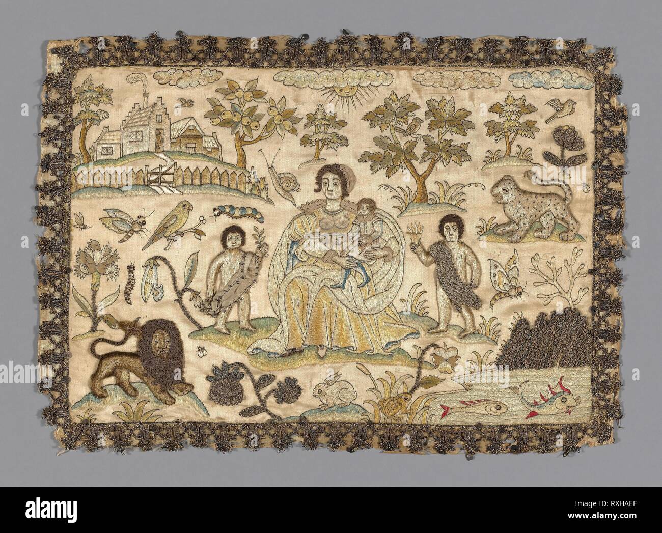 Panel. England. Date: 1601-1700. Dimensions: 32.5 × 26.7 cm (14 3/4 × 10 1/2 in.). Silk, satin weave; embroidered. Origin: England. Museum: The Chicago Art Institute. Stock Photo