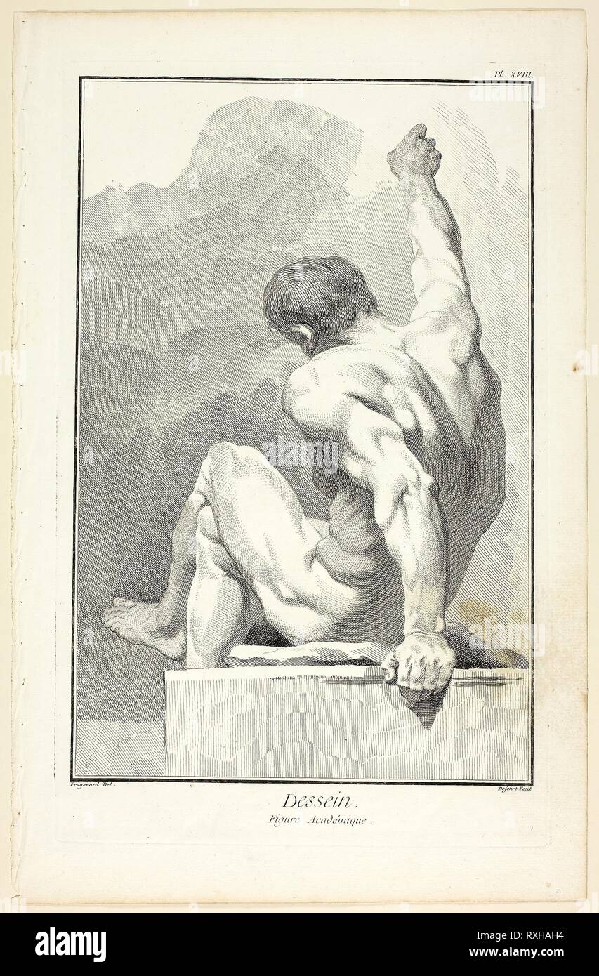 Design: Academic Figure, from Encyclopédie. A. J. Defehrt (French, active 18th century); after Jean Honoré Fragonard (French, 1732-1806); published by André le Breton (French, 1708-1779), Michel-Antoine David (French, c. 1707-1769), Laurent Durand (French, 1712-1763), and Antoine-Claude Briasson (French, 1700-1775). Date: 1762-1777. Dimensions: 320 × 208 mm (image); 357 × 230 mm (plate); 393 × 253 mm (sheet). Etching, with engraving, on cream laid paper. Origin: France. Museum: The Chicago Art Institute. Stock Photo