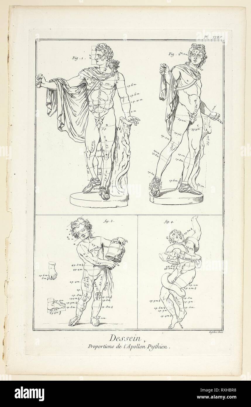 Design: Proportions of the Pythian Apollo, from Encyclopédie. A. J. Defehrt (French, active 18th century); published by André le Breton (French, 1708-1779), Michel-Antoine David (French, c. 1707-1769), Laurent Durand (French, 1712-1763), and Antoine-Claude Briasson (French, 1700-1775). Date: 1762-1777. Dimensions: 315 × 215 mm (image); 355 × 225 mm (plate); 400 × 260 mm (sheet). Etching, with engraving, on cream laid paper. Origin: France. Museum: The Chicago Art Institute. Stock Photo