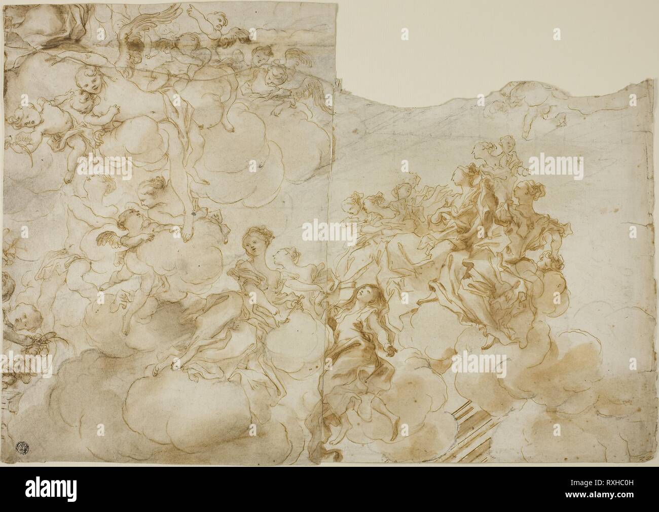 Female Figures with Putti in Clouds. Possibly Gregorio de' Ferrari (Italian, 1644-1726); or Domenico Piola (Italian, 1627-1703); or Antonio Allegri, called Correggio (Italian, c. 1489-1534); or Franz Anton Maulbertsch (Austrian, 1724-1796). Date: 1714-1726. Dimensions: 357 x 505 mm. Pen and brown ink, with brush and brown wash and black chalk, on ivory laid paper. Origin: Italy. Museum: The Chicago Art Institute. Stock Photo