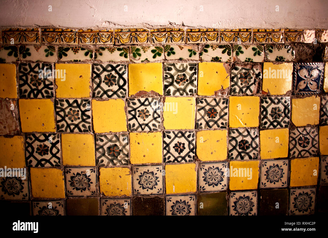 Colored ceramic tiles decorate a Colonial House in Puebla, Mexico Stock Photo