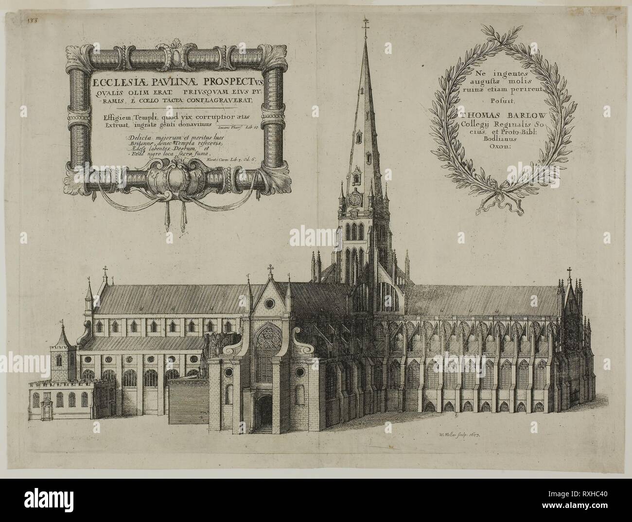 Saint Paul's from the South Showing the Spire. Wenceslaus Hollar; Czech, 1607-1677. Date: 1657. Dimensions: 178 × 374 mm. Etching in black on ivory laid paper. Origin: Bohemia. Museum: The Chicago Art Institute. Stock Photo