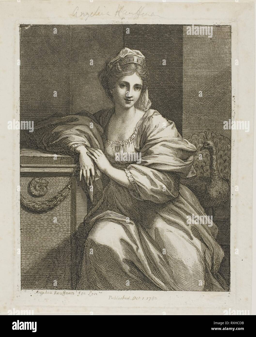 Juno and the Peacock. Angelica Kauffmann; Swiss, 1741-1807. Date: 1780. Dimensions: 205 x 167 mm (plate); 234 x 189 mm (sheet). Etching and aquatint on ivory laid paper. Origin: Switzerland. Museum: The Chicago Art Institute. Stock Photo