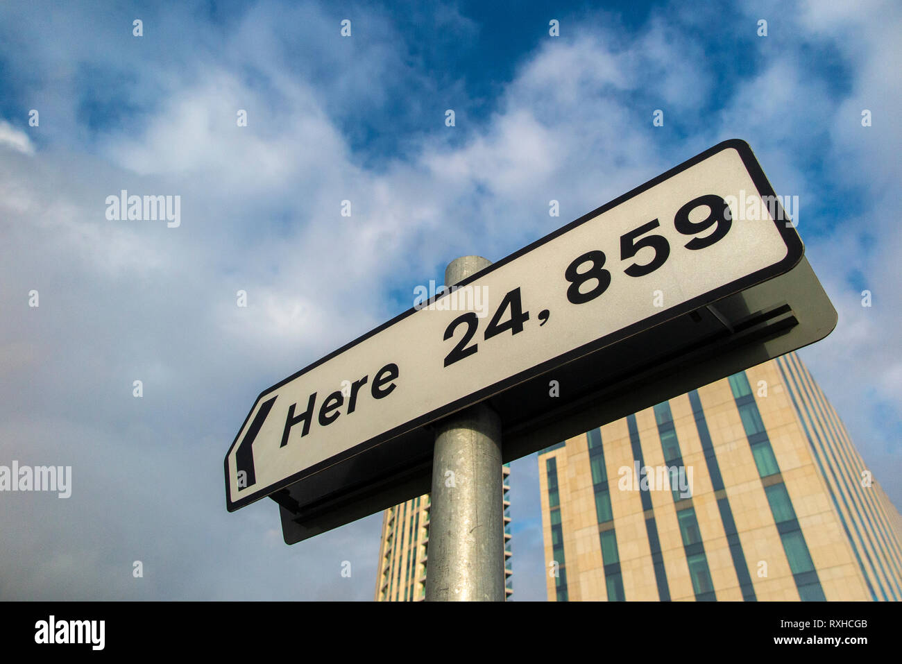 A sign showing that to get back to 'Here' (this place) is the circumference of the world, namely 24,859 miles Stock Photo