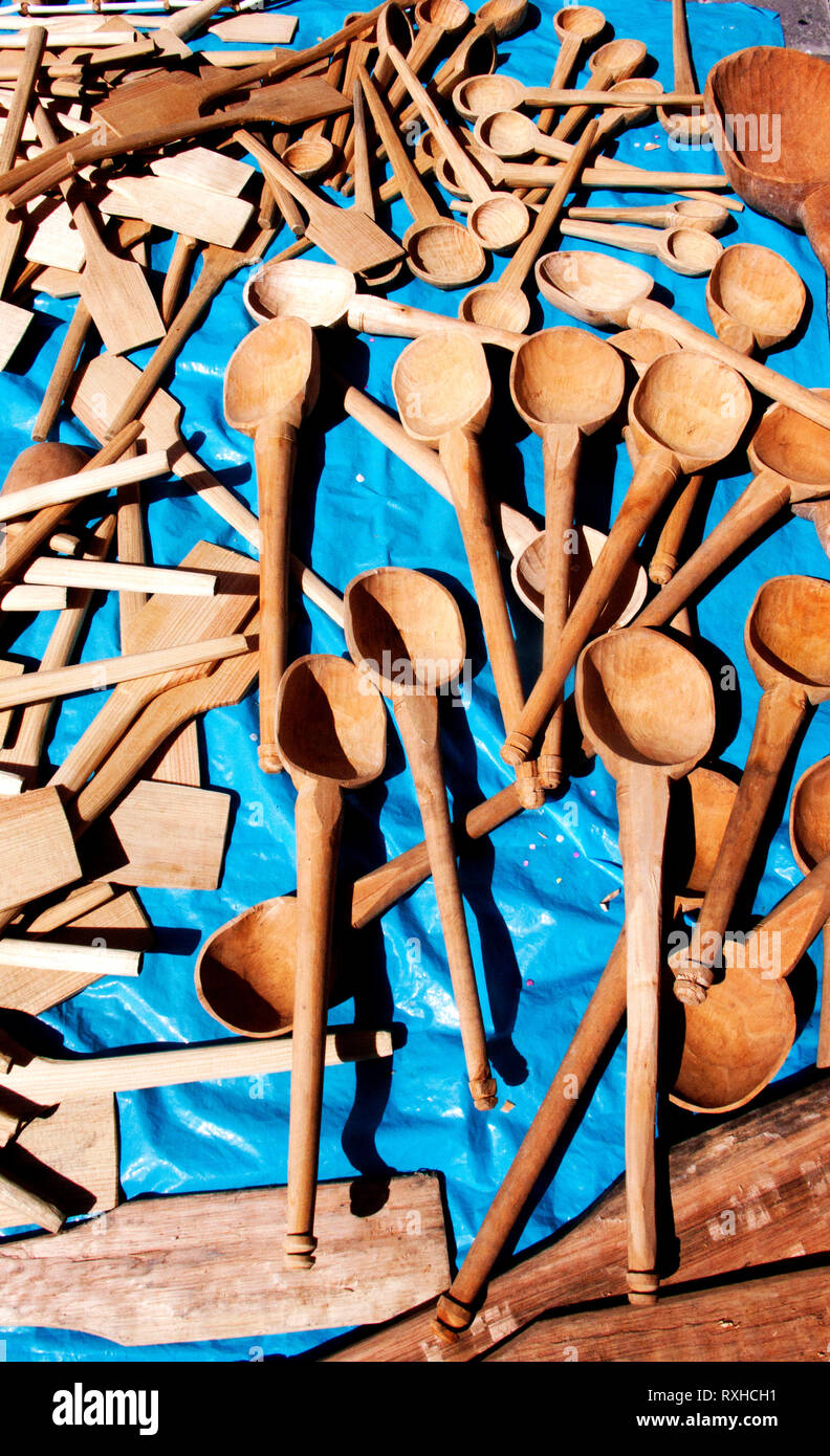Wooden spoons for sale in a market in Mexico Stock Photo