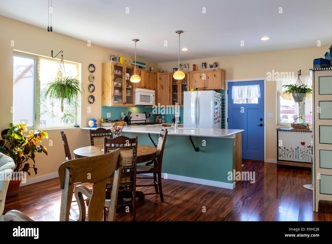 Interior view of townhouse kitchen & living room; Poncha Springs; Colorado; USA Stock Photo