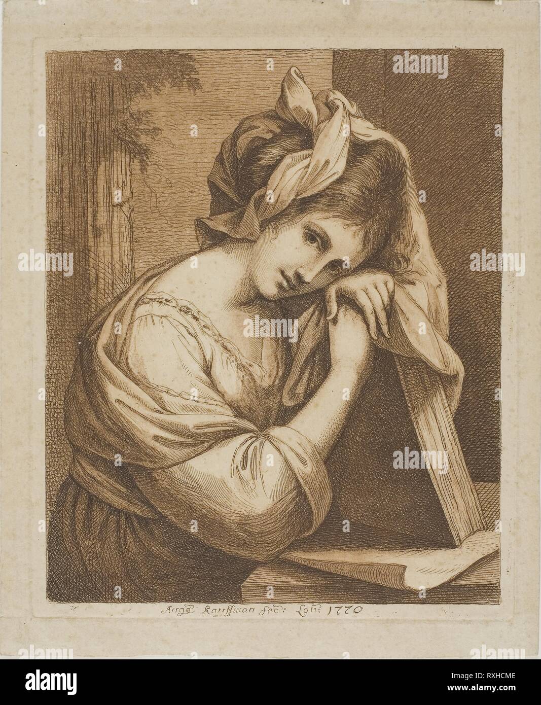 Woman Resting Her Head on a Book. Angelica Kauffmann; Swiss, 1741-1807. Date: 1770. Dimensions: 192 x 158 mm (plate); 216 x 176 mm (sheet). Etching and aquatint in brown on buff laid paper. Origin: Switzerland. Museum: The Chicago Art Institute. Stock Photo