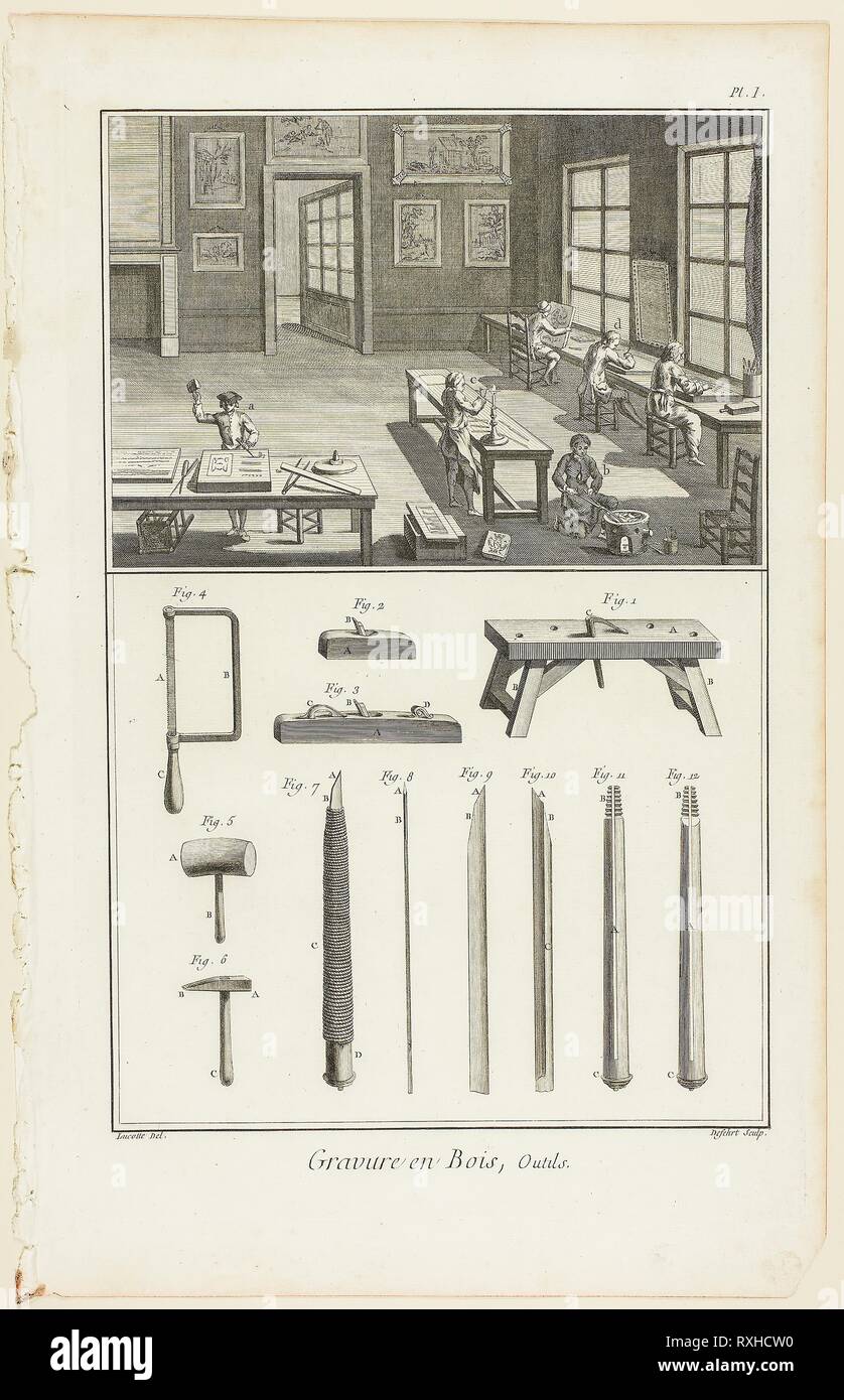 Wood Engraving, Tools, from Encyclopédie. A. J. Defehrt (French, active 18th century); after Jacques Raymond Lucotte, (French, active 18th century); published by André le Breton (French, 1708-1779), Michel-Antoine David (French, c. 1707-1769), Laurent Durand (French, 1712-1763), and Antoine-Claude Briasson (French, 1700-1775). Date: 1762-1777. Dimensions: 312 × 205 mm (image); 355 × 225 mm (plate); 390 × 255 mm (sheet). Engraving on cream laid paper. Origin: France. Museum: The Chicago Art Institute. Stock Photo