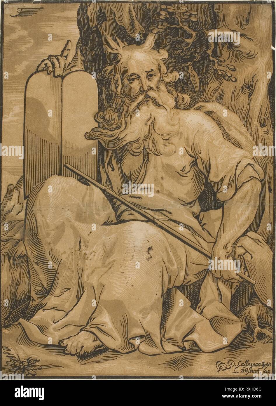 Moses with the Tables of the Law. Ludolph Büsinck (German, 1585-1648); after G.L'Allemand. Date: 1605-1648. Dimensions: 390 x 283 mm. Chiaroscuro woodcut from three blocks on paper. Origin: Germany. Museum: The Chicago Art Institute. Author: Ludolph Büsinck. Ludwig Büsinck after Georges Lallemand. Stock Photo