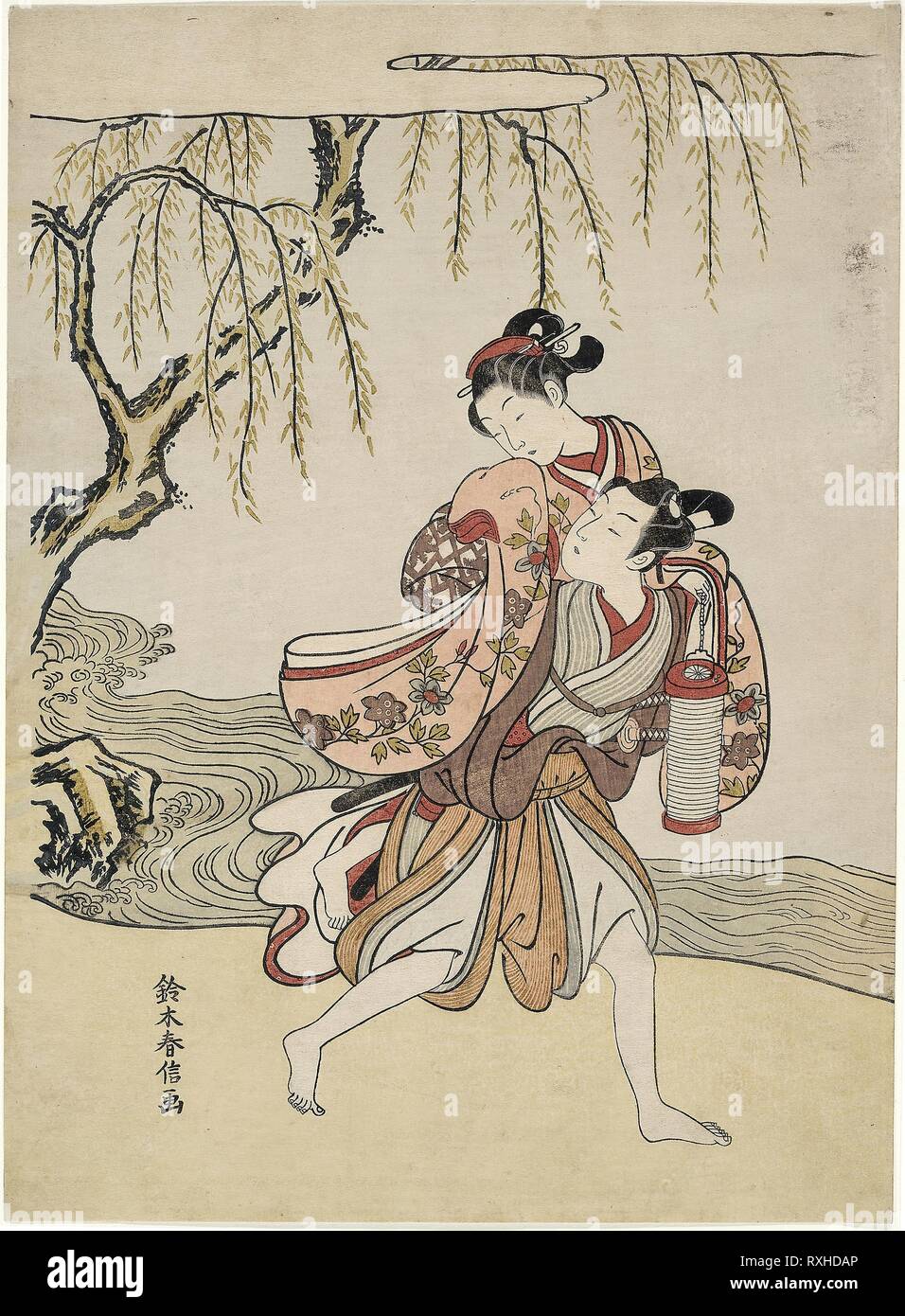 The Elopement (parody of Akutagawa episode from 'Tales of Ise'). Suzuki Harunobu ?? ??; Japanese, 1725 (?)-1770. Date: 1762-1772. Dimensions: 27.9 x 20.4 cm (11 x 8 in.). Color woodblock print; chuban. Origin: Japan. Museum: The Chicago Art Institute. Stock Photo