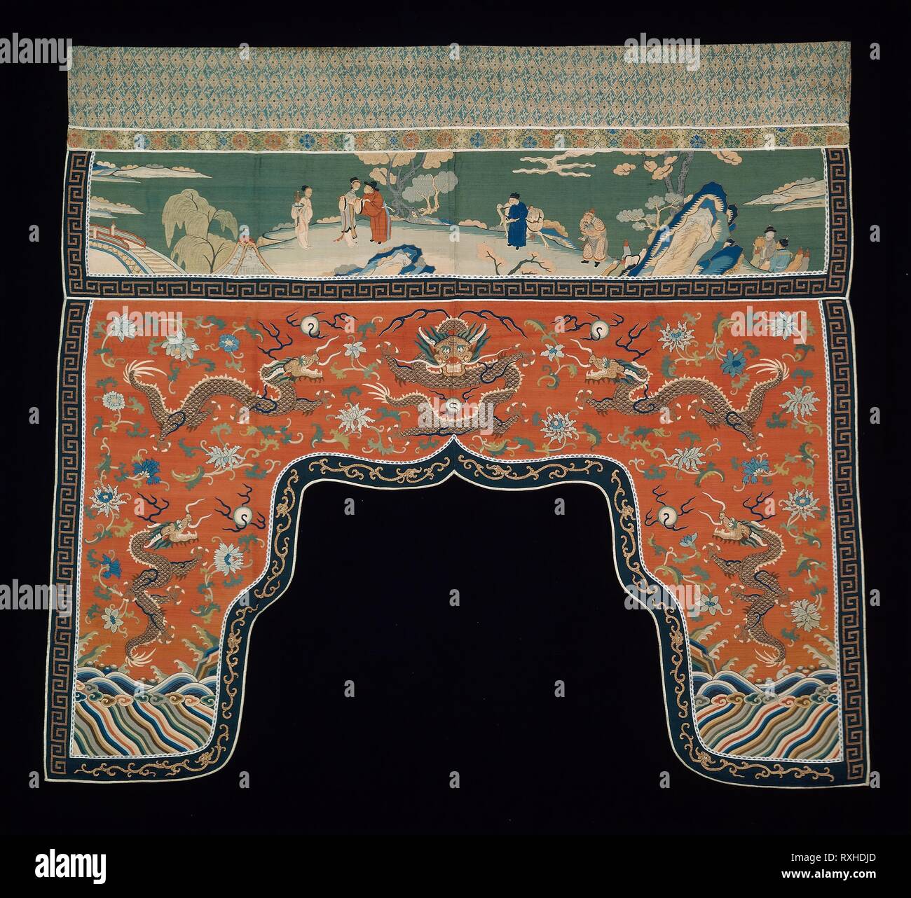 Valance. China. Date: 1799. Dimensions: 113.4 × 126 cm (44 3/4 × 49 5/8 in.). Top: cotton, plain weave; block printed; narrow band: silk, warp-float faced 5:1 satin weave with weft-float faced 1:2 'S' twill interlacings of secondary binding warps and supplementary patterning wefts; upper and lower panels: silk and gold-leaf-over-lacquered-paper-strip-wrapped silk, slit tapestry weave with interlaced outlining wefts; painted details; outer bands: silk and gold-leaf-over-lacquered-paper-strip-wrapped silk, dovetailed tapestry weave; ribbon: silk, plain weave with supplementary patterning warps;  Stock Photo