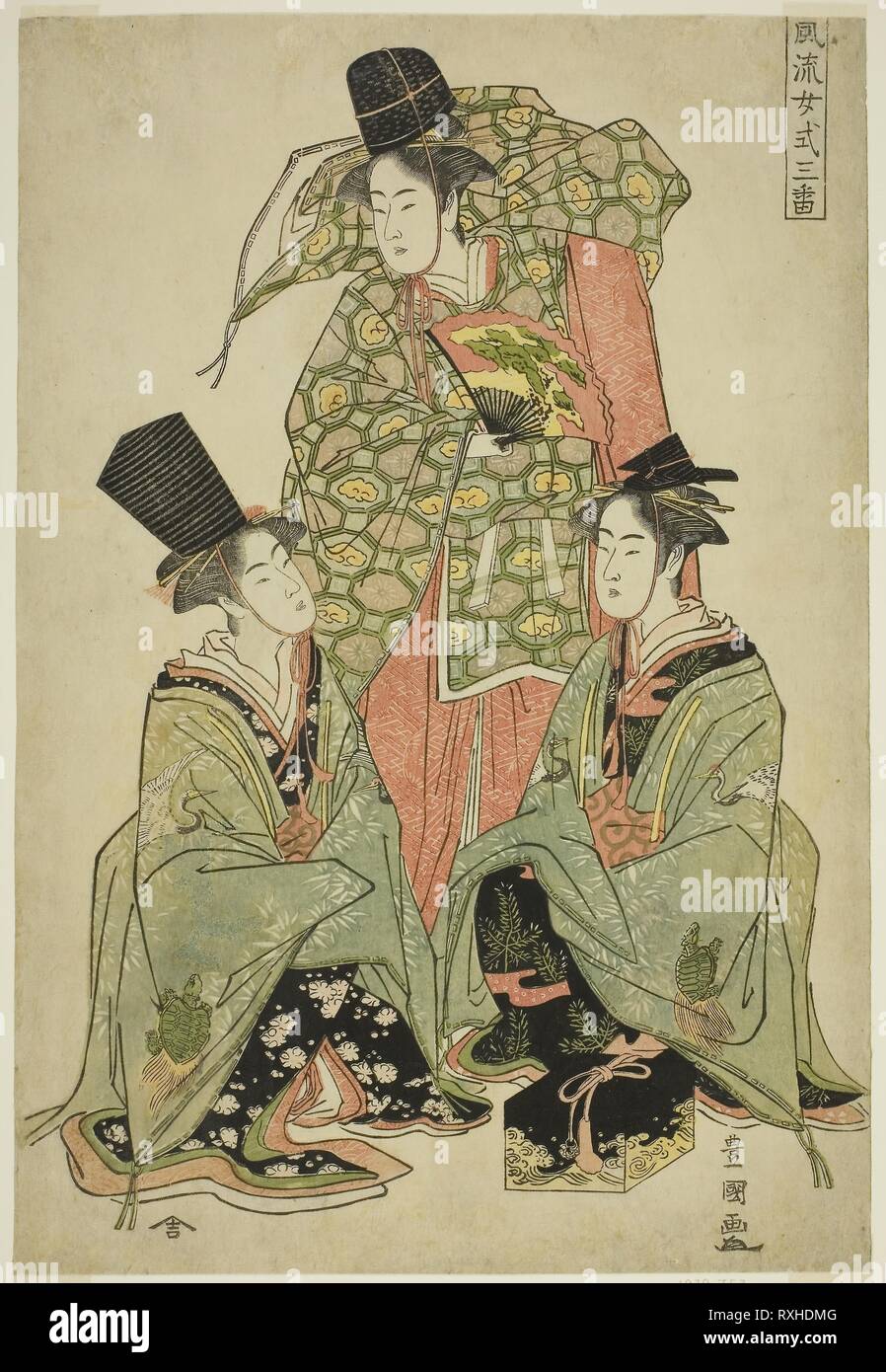 A Fashionable Female Version of the Shikisanban Dance (Furyu onna shikisanban). Utagawa Toyokuni I ?? ?? ??; Japanese, 1769-1825. Date: 1783-1794. Dimensions: 36.9 × 25.1 cm (14 1/2 × 9 7/8 in.). Color woodblock print; oban. Origin: Japan. Museum: The Chicago Art Institute. Stock Photo