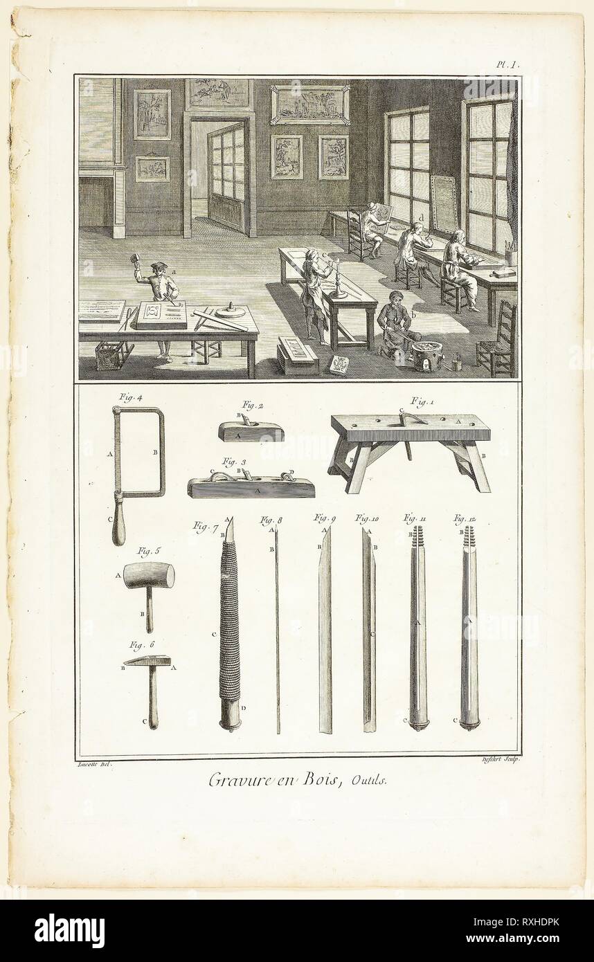 Wood Engraving, Tools, from Encyclopédie. A. J. Defehrt (French, active 18th century); after Jacques Raymond Lucotte, (French, active 18th century); published by André le Breton (French, 1708-1779), Michel-Antoine David (French, c. 1707-1769), Laurent Durand (French, 1712-1763), and Antoine-Claude Briasson (French, 1700-1775). Date: 1762-1777. Dimensions: 311 × 205 mm (image); 355 × 228 mm (plate); 400 × 265 mm (sheet). Engraving on cream laid paper. Origin: France. Museum: The Chicago Art Institute. Stock Photo