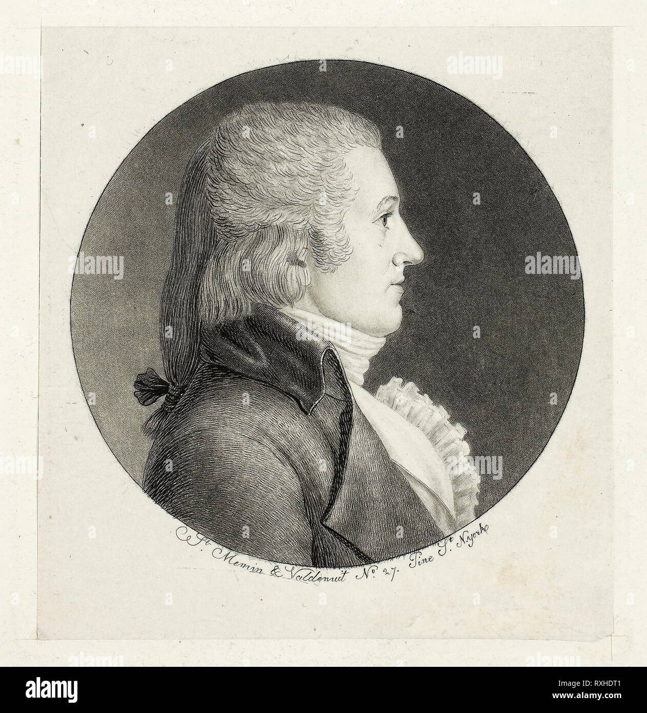 Profile Portrait, Blake. Charles Balthazar Julien Fevret de Saint-Mémin; French, 1770-1852. Date: 1796-1797. Dimensions: 55 × 56 mm (image); 67 × 63 mm (primary support); 206 × 148 mm (secondary support). Mezzotint and engraving, with stipple, on ivory wove chine, laid down on off-white wove paper (chine collé). Origin: France. Museum: The Chicago Art Institute. Stock Photo