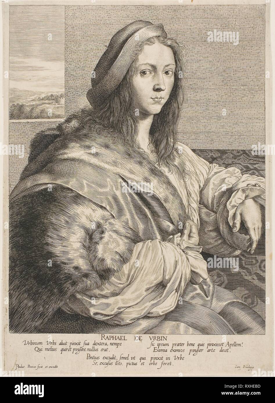 Portrait of Raphael. Paul Pontius; Flemish, 1603-1658. Date: 1623-1658. Dimensions: 253 × 179 mm. Engraving in black on paper. Origin: Flanders. Museum: The Chicago Art Institute. Stock Photo