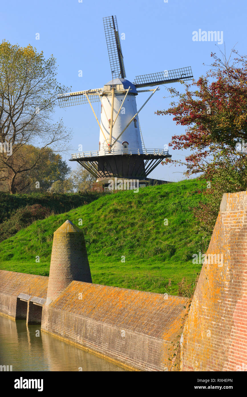 The round brick grist mill (De Koe - The Cow) from 1907 in Veere Netherlands on a beautiful day in autumn Stock Photo