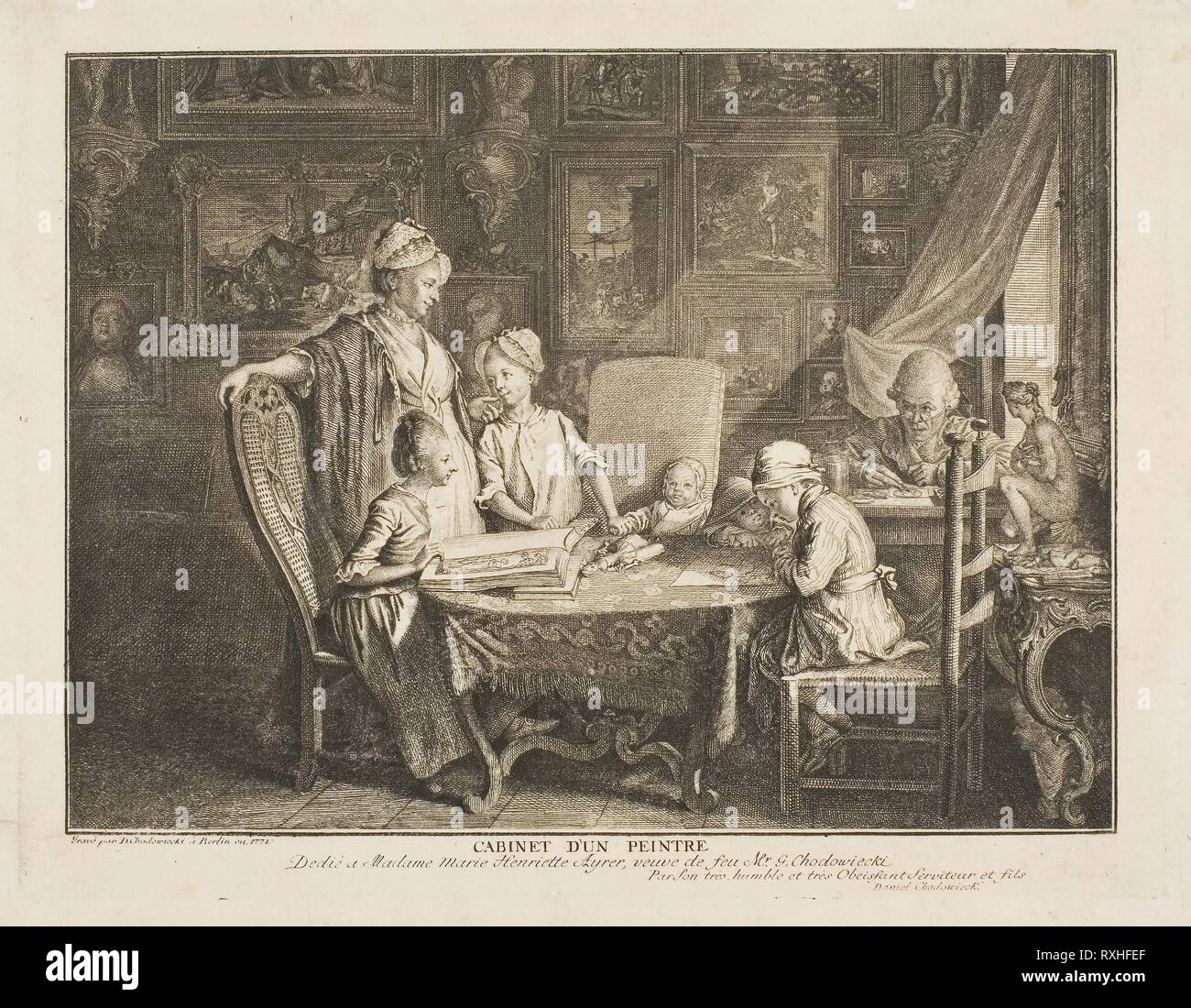 The Artist and his Family. Daniel Nikolaus Chodowiecki; German, 1726-1801. Date: 1771. Dimensions: 190 x 245 mm. Engraving on paper. Origin: Germany. Museum: The Chicago Art Institute. Stock Photo