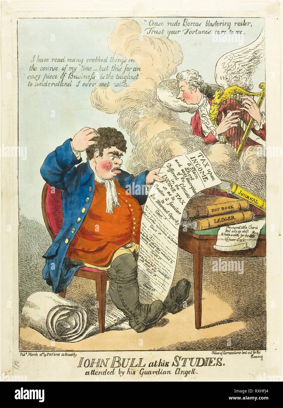 John Bull at His Studies. Unknown Artist (English, late 18th-early 19th centuries); published by S. W. Fores (English, active 1785-1825). Date: 1799. Dimensions: 365 × 270 mm. Hand-colored etching on ivory laid paper. Origin: England. Museum: The Chicago Art Institute. Stock Photo