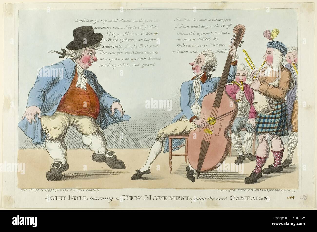 John Bull Learning a New Movement. Unknown Artist (English, late 18th-early  19th centuries); published by S. W. Fores (English, active 1785-1825).  Date: 1799. Dimensions: 259 × 391 mm (sheet). Hand-colored etching on