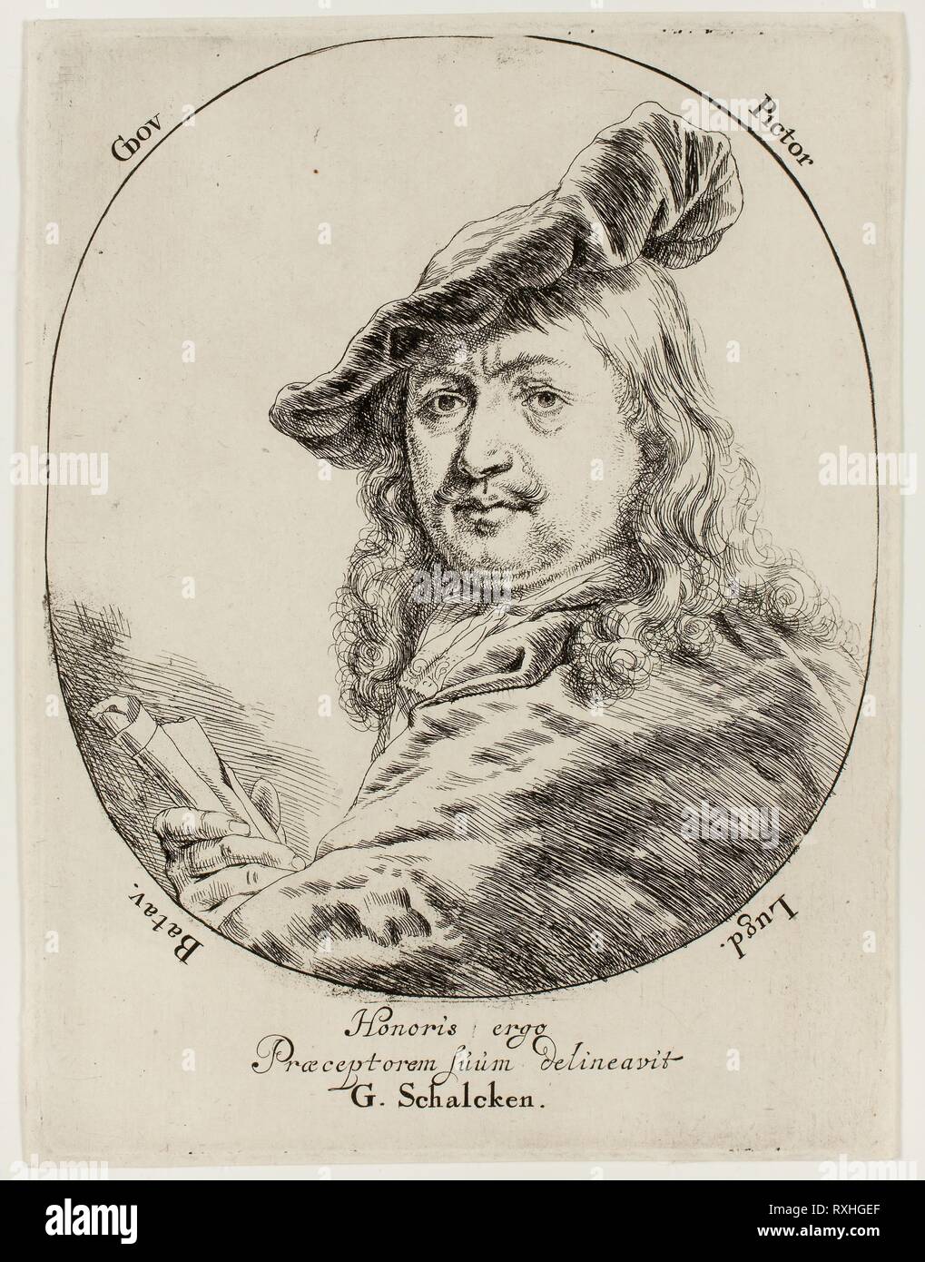 Portrait of Gerard Dou, the Painter. Godfried Schalcken; Dutch, 1643-1706. Date: 1660-1680. Dimensions: 163 x 123 mm (image/plate); 169 x 127 mm (sheet). Etching in black on ivory laid paper. Origin: Holland. Museum: The Chicago Art Institute. Author: Cottfried Schalcken. Stock Photo