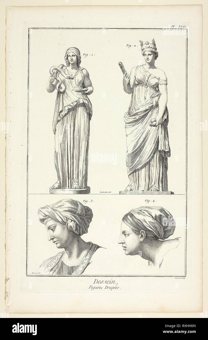 Design: Draped Figures, from Encyclopédie. Benoît-Louis Prévost (French, c. 1735-1809); after Nicholas Poussin (French, 1594-1665); published by André le Breton (French, 1708-1779), Michel-Antoine David (French, c. 1707-1769), Laurent Durand (French, 1712-1763), and Antoine-Claude Briasson (French, 1700-1775). Date: 1762-1777. Dimensions: 322 × 210 mm (image); 350 × 225 mm (plate); 400 × 260 mm (sheet). Etching, with engraving, on cream laid paper. Origin: France. Museum: The Chicago Art Institute. Stock Photo