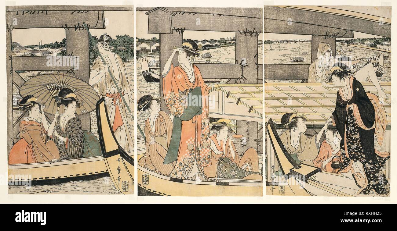 On top and beneath Ryogoku Bridge (Ryogokubashi no ue, shita). Kitagawa Utamaro ??? ??; Japanese, 1753 (?)-1806. Date: 1790-1801. Dimensions: 38.2 x 74.6 cm (all three sheets)  38.2 x 24.8 cm (right sheet): 38.0 x 24.9 cm (center sheet); 37.9 x 25.0 cm (left sheet). Color woodblock print; oban hexaptych (one of a pair of triptychs). Origin: Japan. Museum: The Chicago Art Institute. Stock Photo