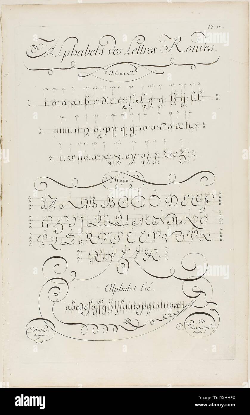 Round Letters of the Alphabet, from Encyclopédie. Aubin (French, active 18th century); after Charles Paillasson (French, 1718-1789); published by André le Breton (French, 1708-1779), Michel-Antoine David (French, c. 1707-1769), Laurent Durand (French, 1712-1763), and Antoine-Claude Briasson (French, 1700-1775). Date: 1760. Dimensions: 400 × 260 mm. Engraving on cream laid paper. Origin: France. Museum: The Chicago Art Institute. Stock Photo