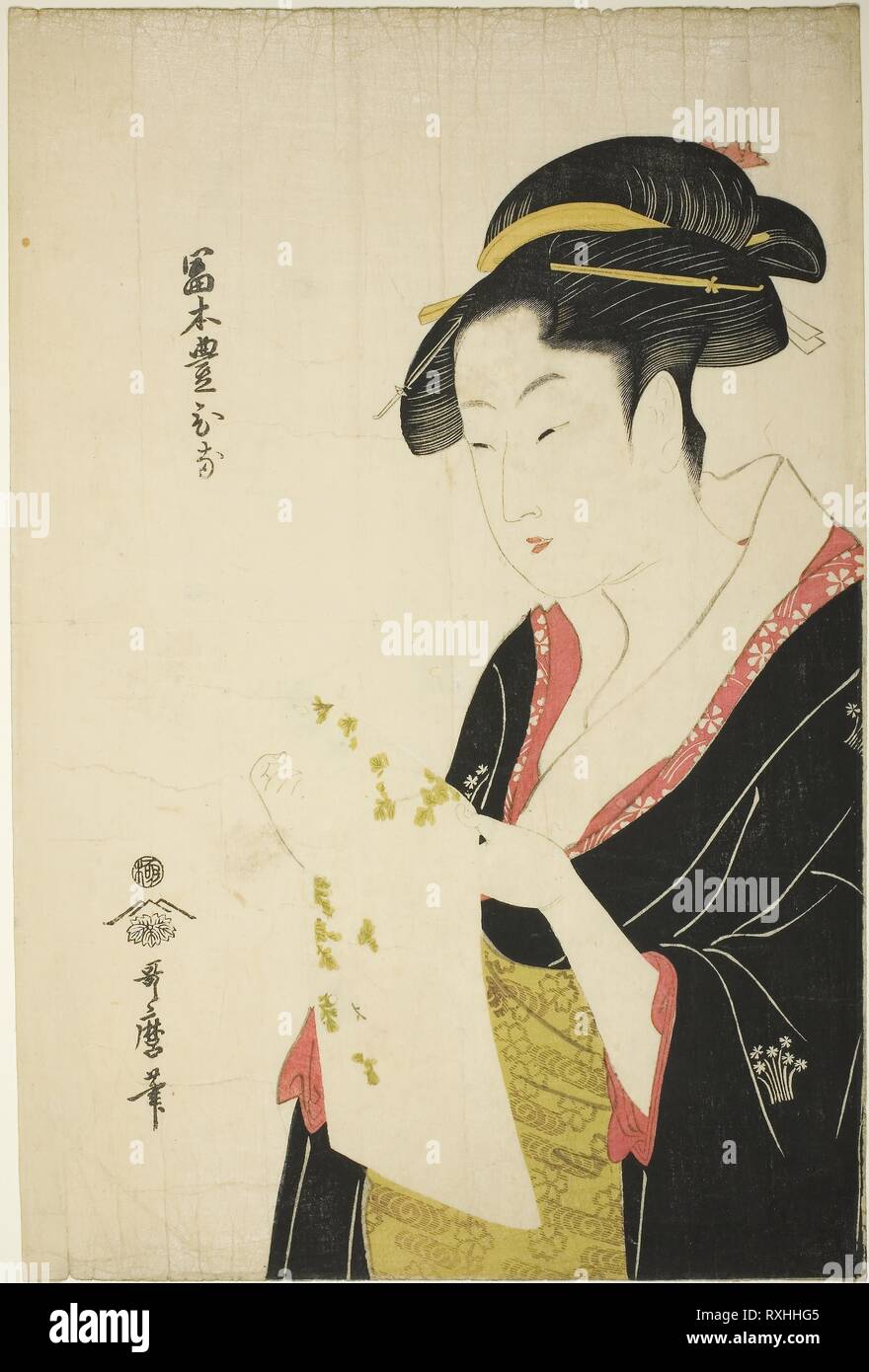Tomimoto Toyohina. Kitagawa Utamaro ??? ??; Japanese, 1753 (?)-1806. Date: 1788-1798. Dimensions: 37.5 x 25.0 cm. Color woodblock print; oban. Origin: Japan. Museum: The Chicago Art Institute. Stock Photo