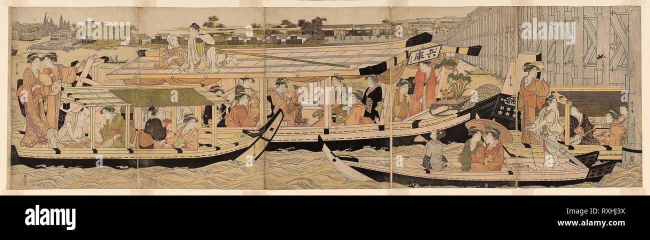 Pleasure Boats on the Sumida River. Chobunsai Eishi; Japanese, 1756-1827. Date: 1787-1797. Dimensions: 14 1/2 x 50 1/2 in. Color woodblock prints; oban pentaptych. Origin: Japan. Museum: The Chicago Art Institute. Stock Photo