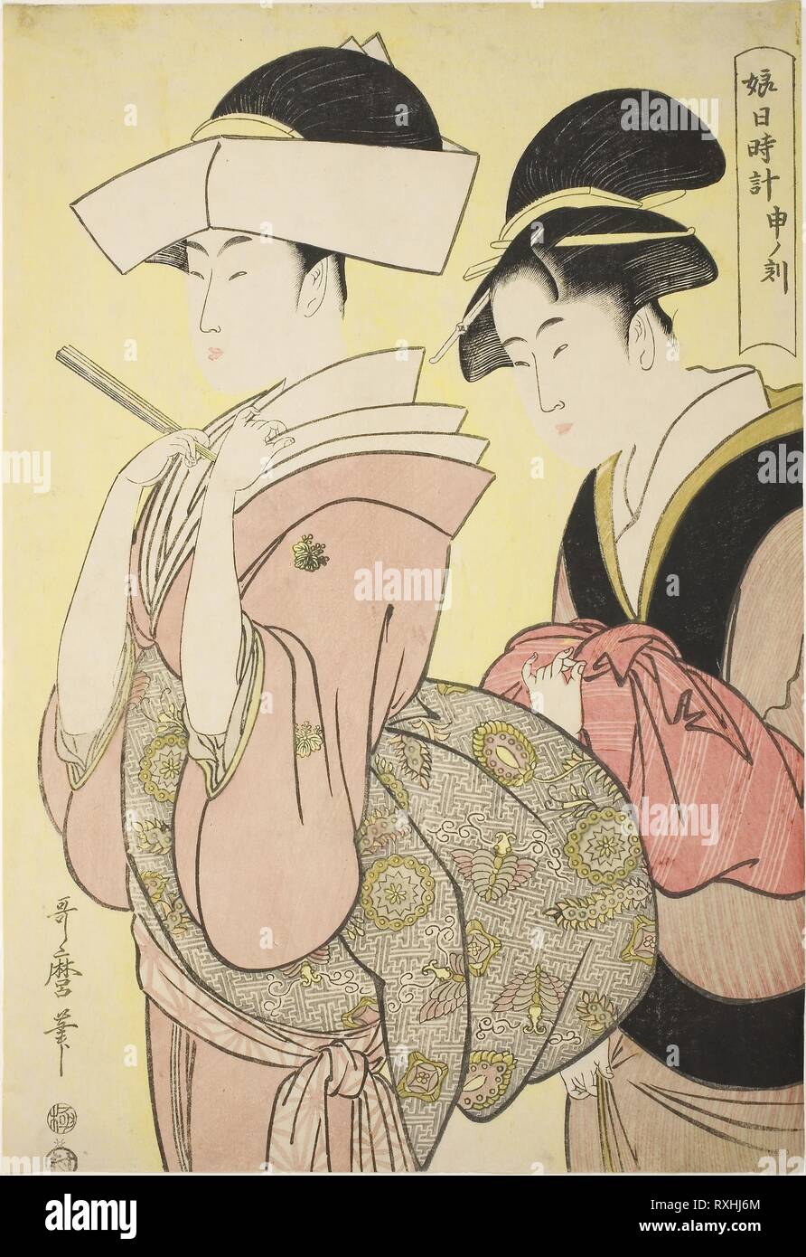 Hour of the Monkey [4pm] (Saru no koku), from the series 'Sundial of Young Women (Musume hi-dokei)'. Kitagawa Utamaro ??? ??; Japanese, 1753 (?)-1806. Date: 1789-1799. Dimensions: 37.4 x 25.6 cm. Color woodblock print; oban. Origin: Japan. Museum: The Chicago Art Institute. Stock Photo