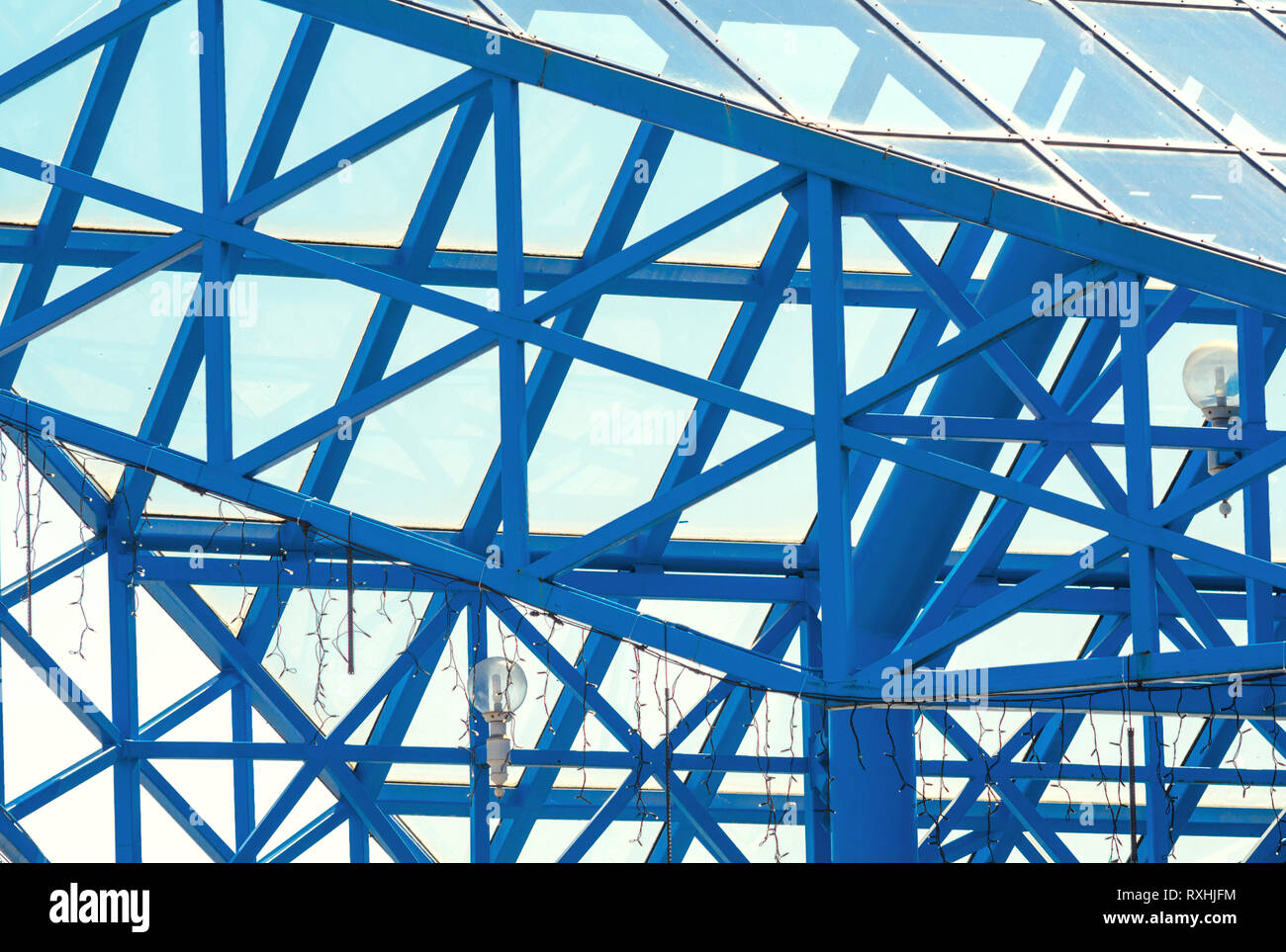 Blue Steel Construction Glass Roof. Architectural Building Large