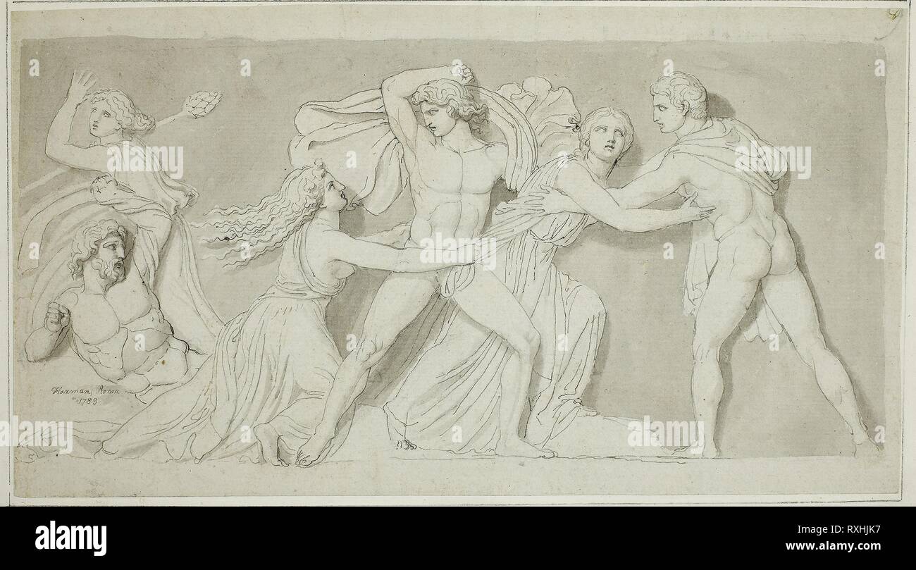 Amphion and Zethus Delivering their Mother Antiope from the Fury of Dirce and Lycus. John Flaxman; English, 1755-1826. Date: 1789. Dimensions: 161 × 292 mm (primary support); 233 × 357 mm (secondary support). Pen and gray ink and brush and gray wash, over graphite, on gray laid paper, laid down on ivory wove paper. Origin: England. Museum: The Chicago Art Institute. Stock Photo