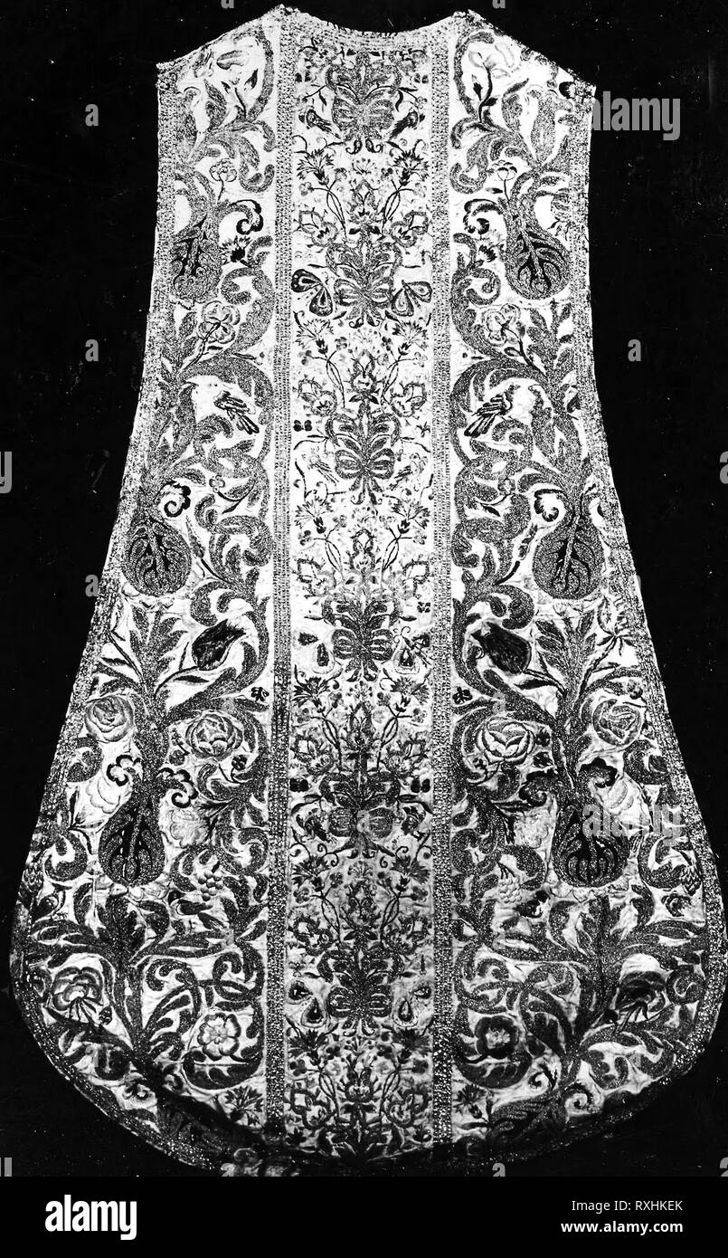 Chasuble. Spain. Date: 1601-1700. Dimensions: 67.3 x 109.2 cm (26 1/2 x 43 in.). Silk, satin weave; embroidery and couching. Origin: Spain. Museum: The Chicago Art Institute. Stock Photo