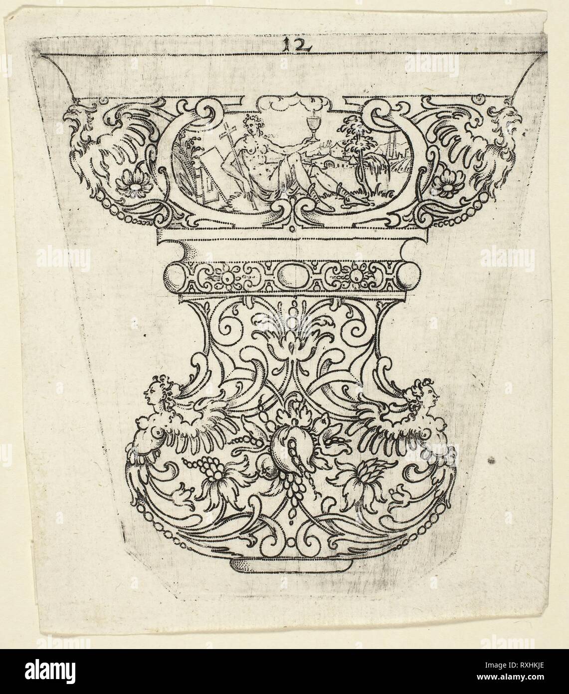 Plate 12, from twenty ornamental designs for goblets and beakers. Master A.P.; German, active early 17th century. Date: 1604. Dimensions: 125 x 120 mm (image); 130 x 125 mm (plate); 145 x 130 mm (sheet). Punch engraving in black on ivory laid paper. Origin: Germany. Museum: The Chicago Art Institute. Stock Photo