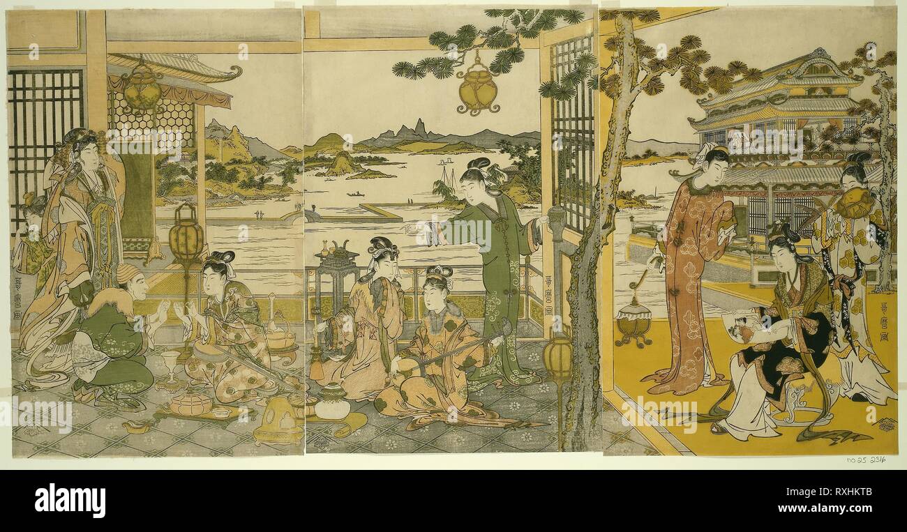 Chinese Beauties at a Banquet. Kitagawa Utamaro ??? ??; Japanese, 1753 (?)-1806. Date: 1783-1795. Dimensions: 37.1 x 75.5 cm. Color woodblock prints; oban triptych. Origin: Japan. Museum: The Chicago Art Institute. Stock Photo