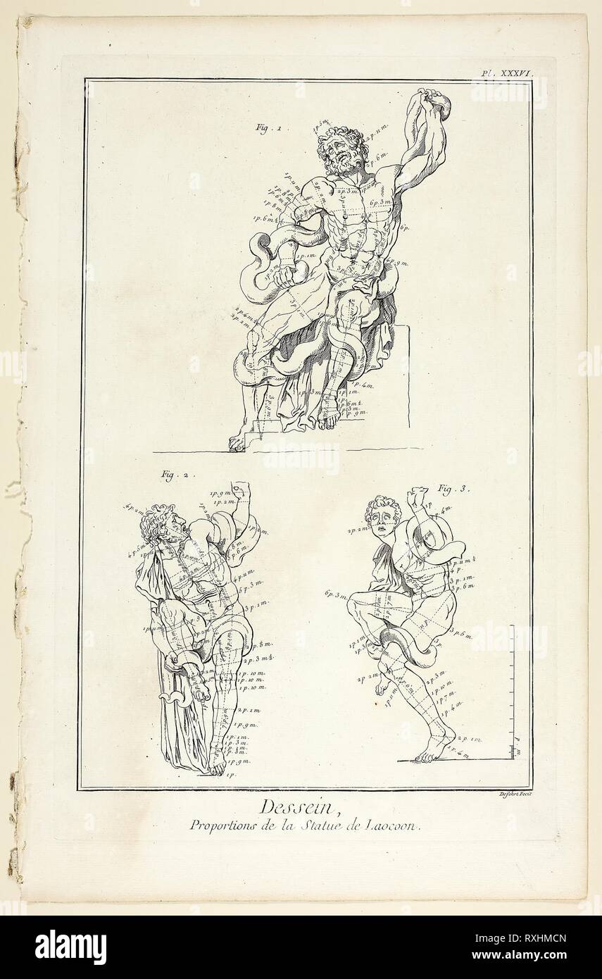 Design: Proportions of the Laocoon statue, from Encyclopédie. A. J. Defehrt (French, active 18th century); published by André le Breton (French, 1708-1779), Michel-Antoine David (French, c. 1707-1769), Laurent Durand (French, 1712-1763), and Antoine-Claude Briasson (French, 1700-1775). Date: 1762-1777. Dimensions: 320 × 215 mm (image); 355 × 225 mm (plate); 400 × 260 mm (sheet). Etching, with engraving, on cream laid paper. Origin: France. Museum: The Chicago Art Institute. Stock Photo