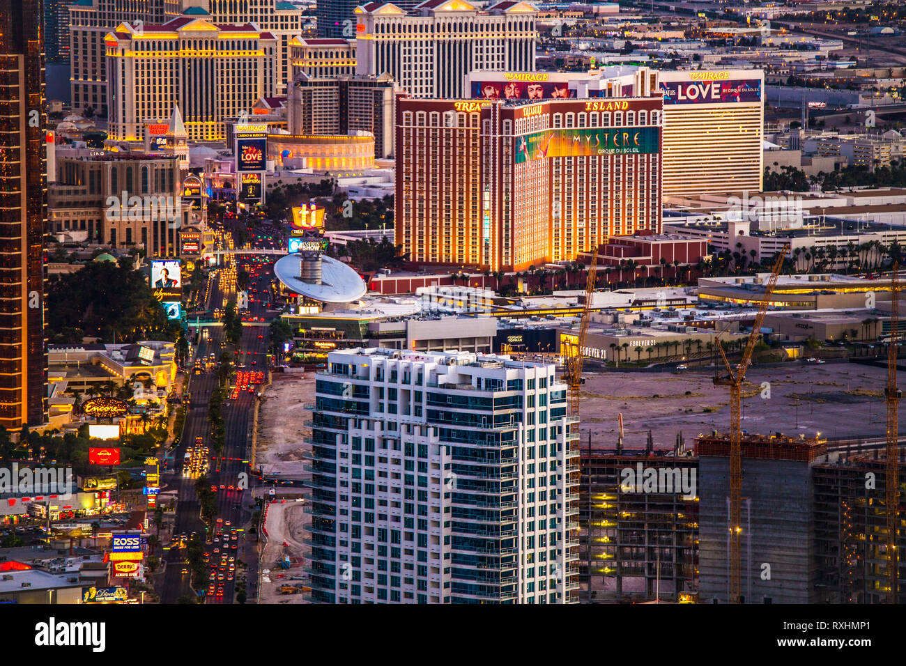 LAS VEGAS, NEVADA - MAY 15, 2018: View across the city of Las Vegas Nevada at night with lights and many hotel resorts and casinos in view Stock Photo