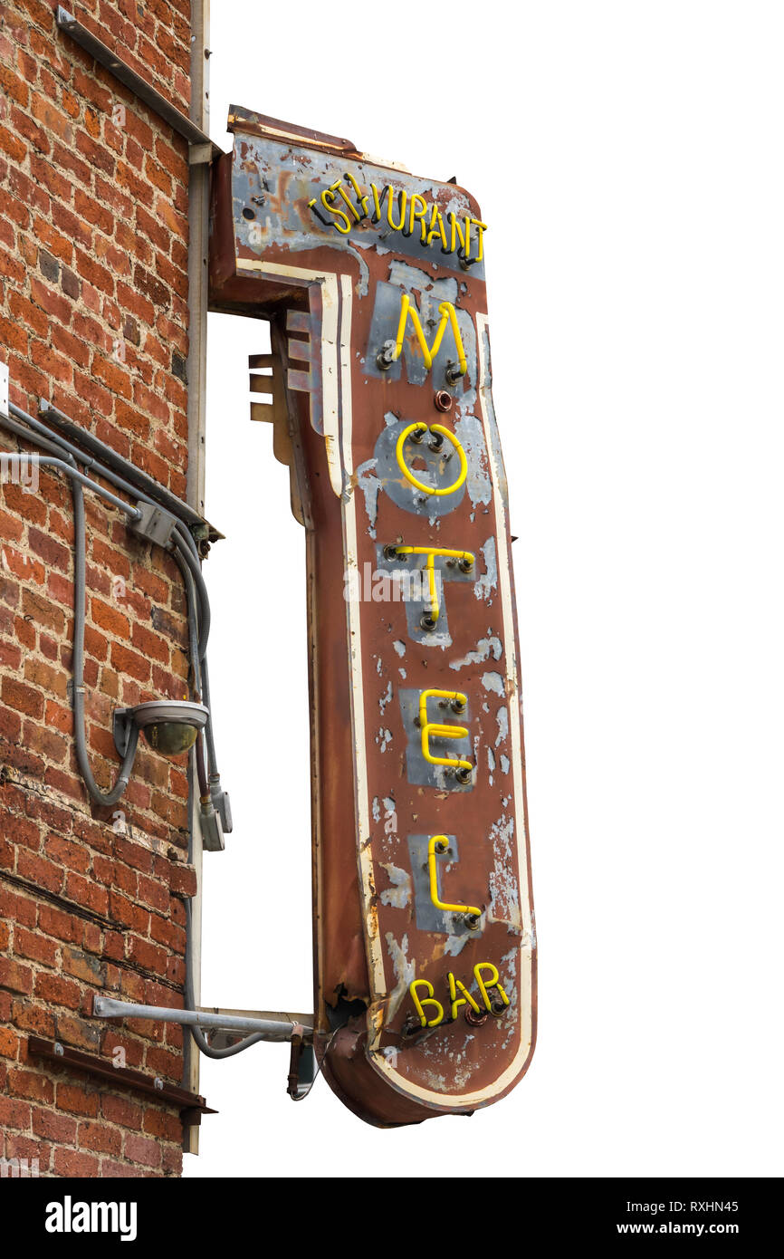 Isolated Grungy Retro Metal Motel, Restaurant And Bar Sign With Brick Wall And White Background Stock Photo