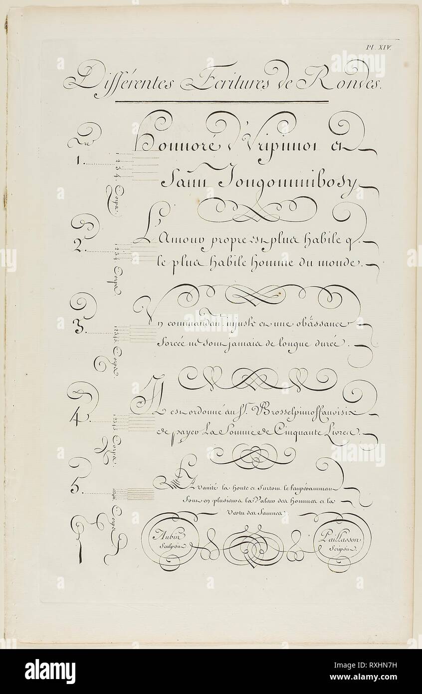 Various Rounded-Style Calligraphy, from Encyclopédie. Aubin (French, active 18th century); after Charles Paillasson (French, 1718-1789); published by André le Breton (French, 1708-1779), Michel-Antoine David (French, c. 1707-1769), Laurent Durand (French, 1712-1763), and Antoine-Claude Briasson (French, 1700-1775). Date: 1760. Dimensions: 400 × 260 mm. Engraving on cream laid paper. Origin: France. Museum: The Chicago Art Institute. Stock Photo