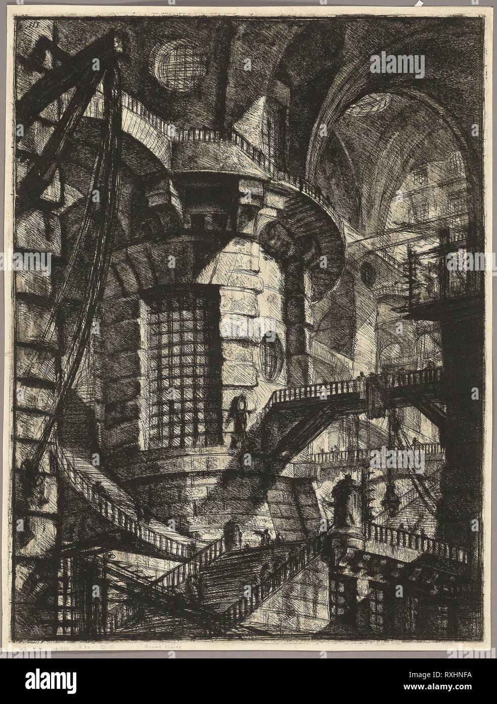 The Round Tower, plate 3 from the second edition of Carceri d'invenzione (Imaginary Prisons). Giovanni Battista Piranesi; Italian, 1720-1778. Date: 1761-1765. Dimensions: 542 x 410 mm (image); 549 x 416 mm (plate); 561 x 425 mm (sheet). Etching, engraving, sulphur tint, and burnishing in black on ivory laid paper. Origin: Italy. Museum: The Chicago Art Institute. Stock Photo
