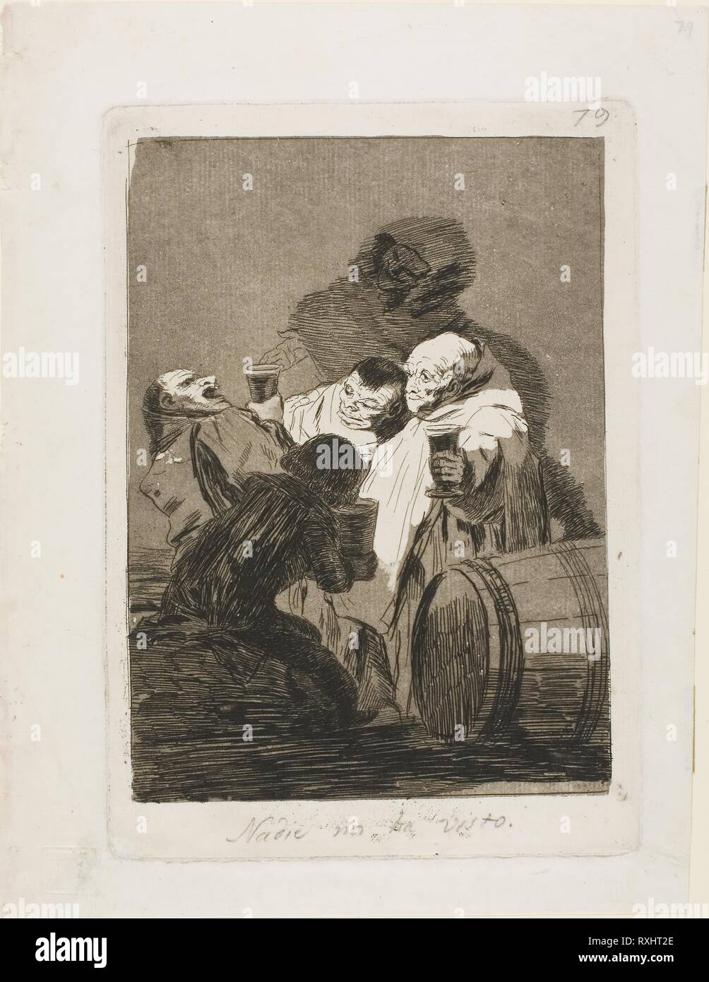 No One Has Seen Us, plate 79 from Los Caprichos. Francisco José de Goya y Lucientes; Spanish, 1746-1828. Date: 1797-1799. Dimensions: 190 x 137 mm (image); 215 x 153 mm (plate); 262 x 202 mm (sheet). Etching, burnished aquatint, and burin on white laid paper with title and number in pencil. Origin: Spain. Museum: The Chicago Art Institute. Stock Photo
