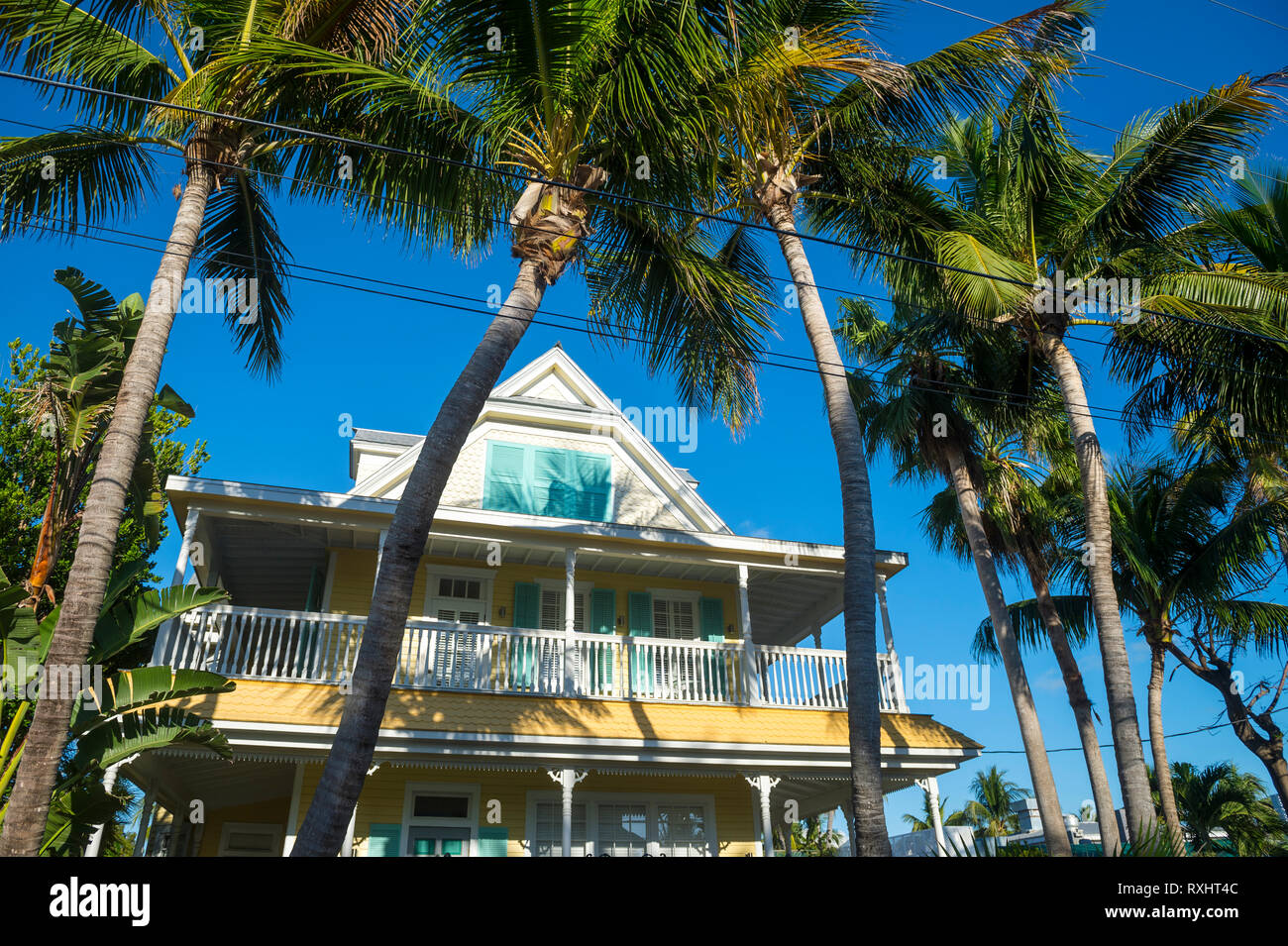 Scenic view of typical wooden conch house with patio overlooking palm