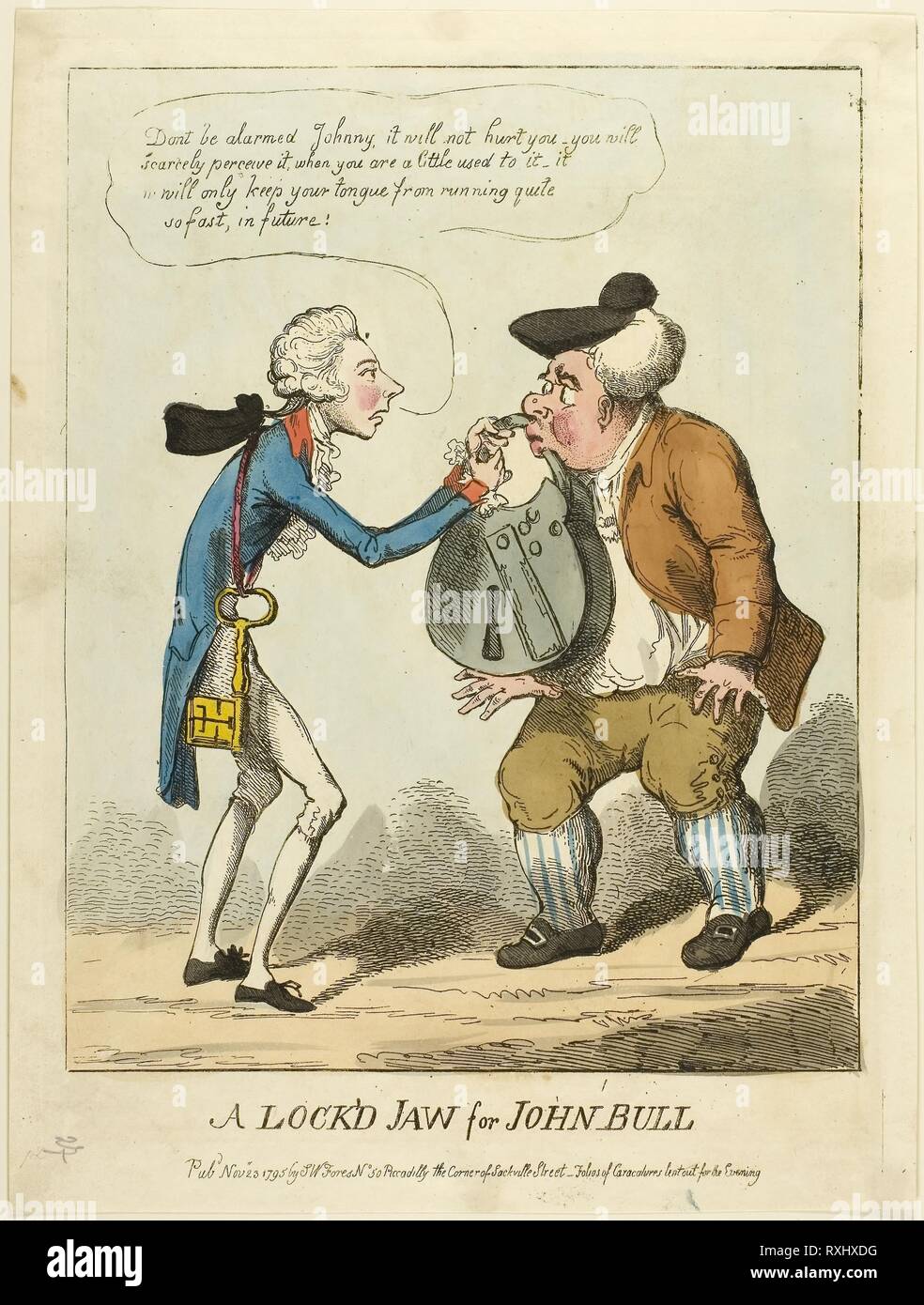 A Lock'd Jaw for John Bull. Unknown Artist (English, late 18th-early 19th  centuries); published by S. W. Fores (English, active 1785-1825). Date:  1795. Dimensions: 358 × 266 mm. Hand-colored etching on paper.