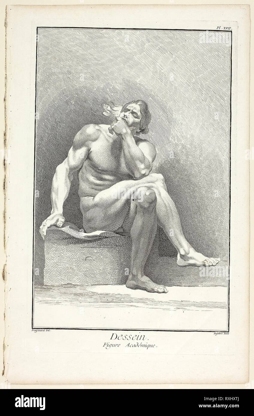 Design: Academic Figure, from Encyclopédie. A. J. Defehrt (French, active 18th century); after Jean Honoré Fragonard (French, 1732-1806); published by André le Breton (French, 1708-1779), Michel-Antoine David (French, c. 1707-1769), Laurent Durand (French, 1712-1763), and Antoine-Claude Briasson (French, 1700-1775). Date: 1762-1777. Dimensions: 320 × 208 mm (image); 357 × 230 mm (plate); 393 × 253 mm (sheet). Etching, with engraving, on cream laid paper. Origin: France. Museum: The Chicago Art Institute. Stock Photo