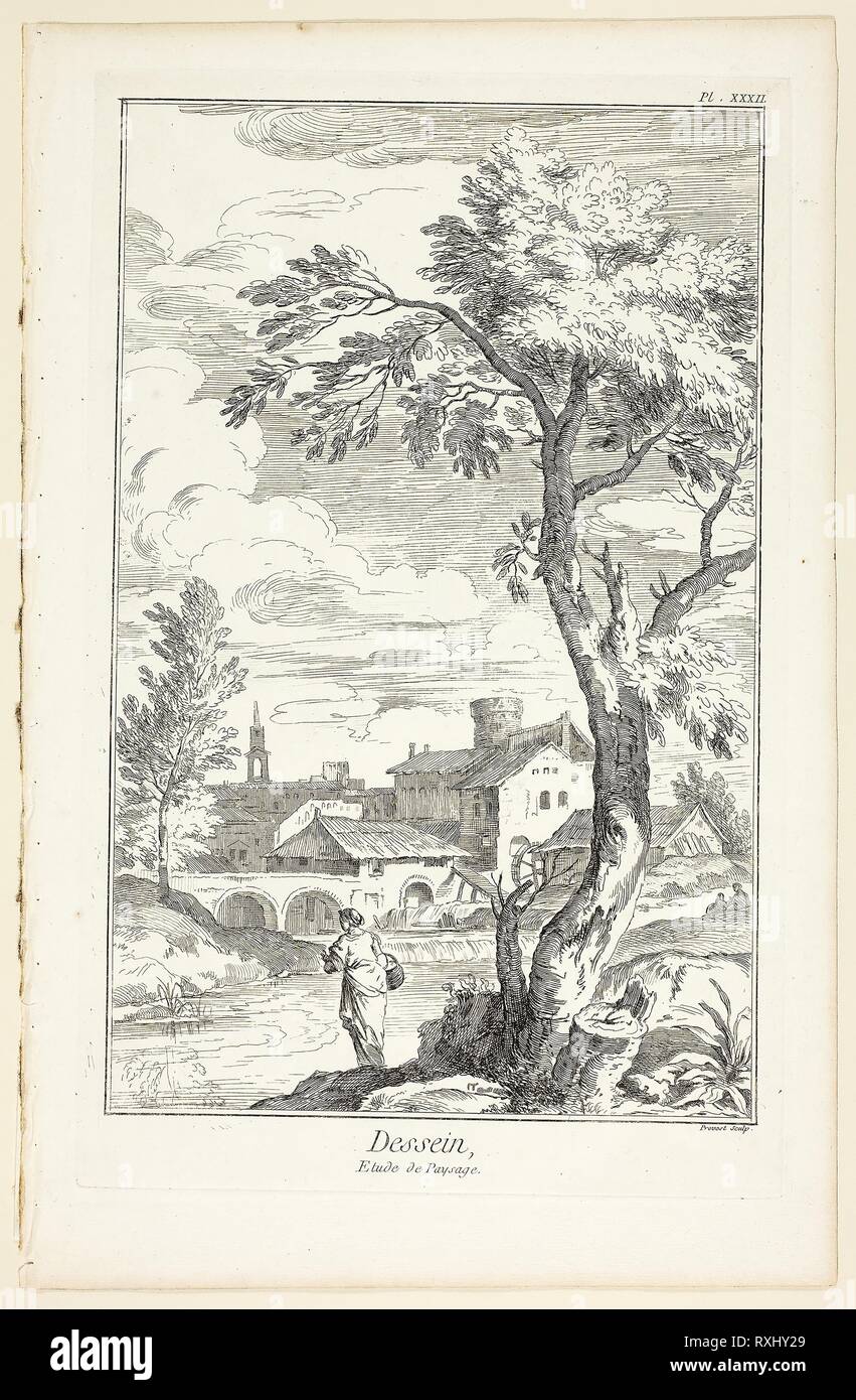 Design: Landscape Study, from Encyclopédie. Benoît-Louis Prévost (French, c. 1735-1809); after Titian (Italian, c. 1488-1576); published by André le Breton (French, 1708-1779), Michel-Antoine David (French, c. 1707-1769), Laurent Durand (French, 1712-1763), and Antoine-Claude Briasson (French, 1700-1775). Date: 1762-1777. Dimensions: 320 × 206 mm (image); 355 × 225 mm (plate); 400 × 260 mm (sheet). Etching, with engraving, on cream laid paper. Origin: France. Museum: The Chicago Art Institute. Stock Photo