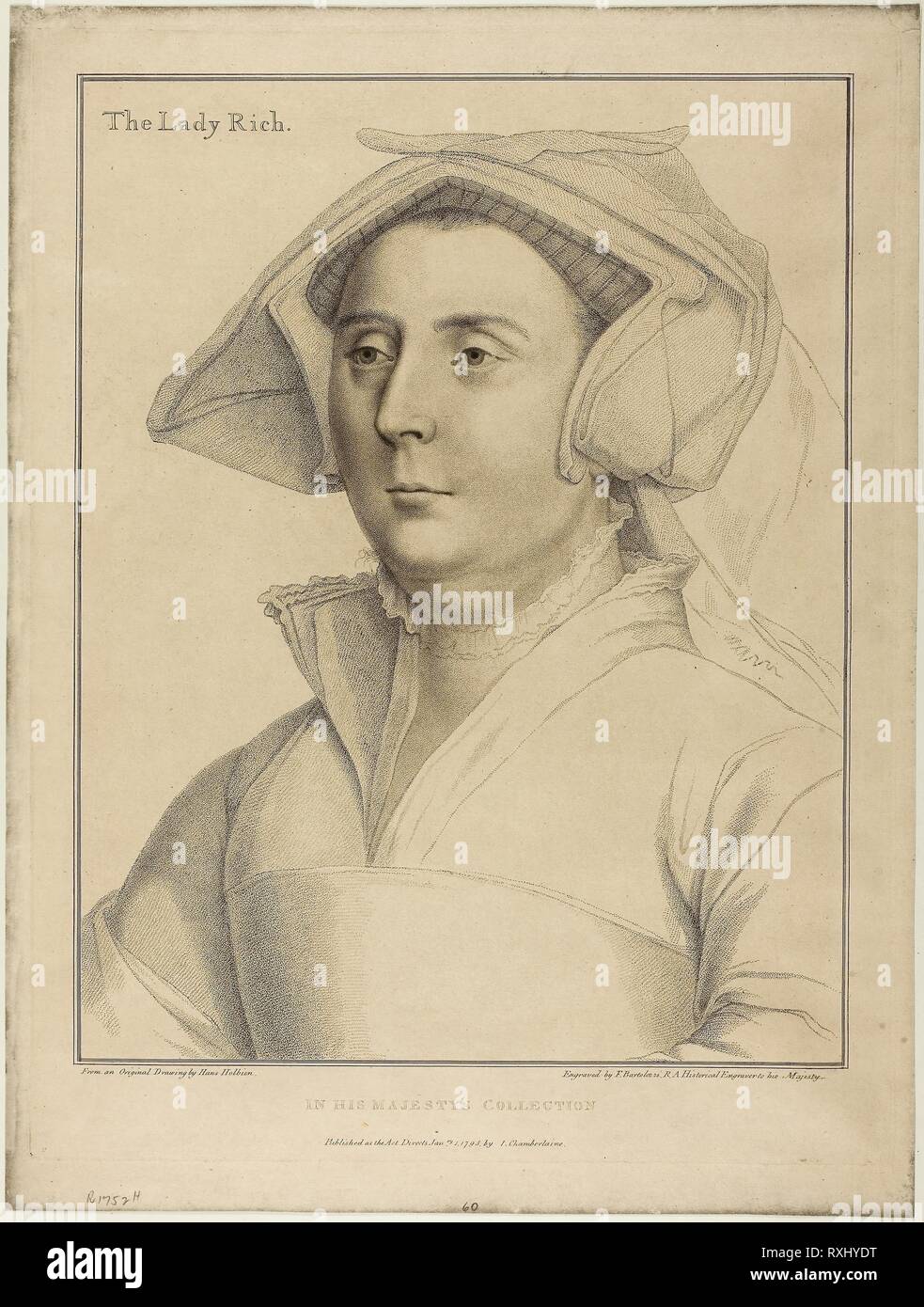 Lady Rich. Francesco Bartolozzi (Italian, 1727-1815); after Hans Holbein the younger (German, 1497-1543). Date: 1795. Dimensions: 378 x 296 mm (image); 431 x 329 mm (plate); 461 x 348 mm (sheet). Stipple engraving on buff wove paper. Origin: Italy. Museum: The Chicago Art Institute. Stock Photo