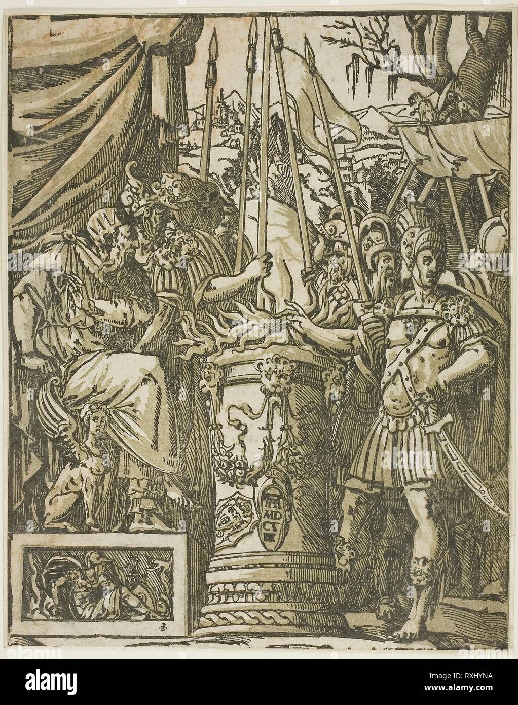 Mucius Scevola. Andrea Andreani (Italian, c. 1558-1629); after Baldessare Peruzzi (Italian, 1481-1536). Date: 1608. Dimensions: 265 x 209 mm. Chiaroscuro woodcut in greenish gray and black on cream laid paper. Origin: Italy. Museum: The Chicago Art Institute. Stock Photo