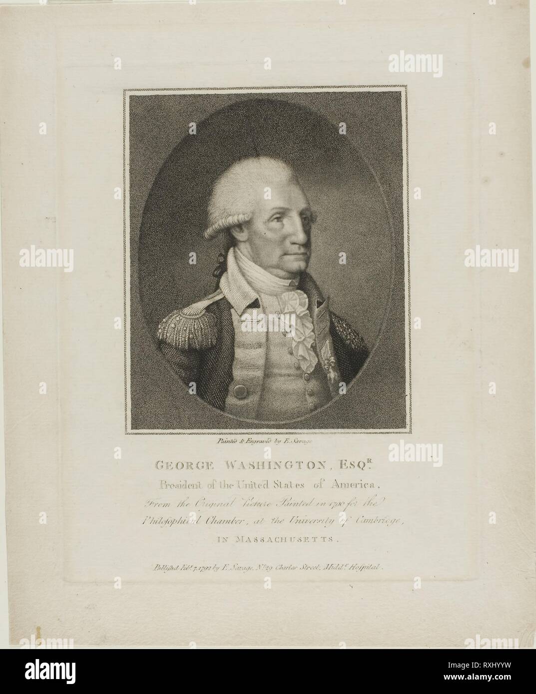 George Washington. Edward Savage; American, 1761-1817. Date: 1787-1797. Dimensions: 203 x 166 mm (plate); 253 x 208 mm (sheet). Engraving on ivory wove paper. Origin: United States. Museum: The Chicago Art Institute. Stock Photo