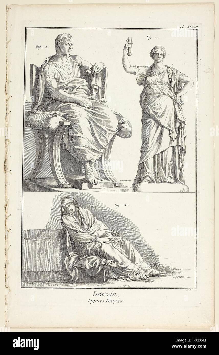 Design: Draped Figures, from Encyclopédie. A. J. Defehrt (French, active 18th century); after de la Hire (French, active 18th century); published by André le Breton (French, 1708-1779), Michel-Antoine David (French, c. 1707-1769), Laurent Durand (French, 1712-1763), and Antoine-Claude Briasson (French, 1700-1775). Date: 1762-1777. Dimensions: 322 × 215 mm (image); 355 × 225 mm (plate); 400 × 260 mm (sheet). Etching, with engraving, on cream laid paper. Origin: France. Museum: The Chicago Art Institute. Stock Photo